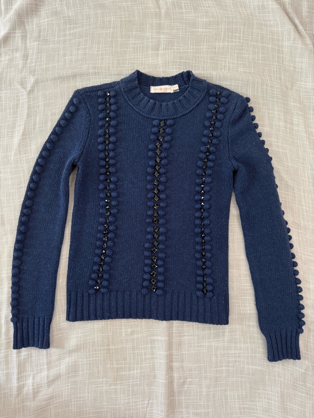 Tory Burch Beaded Wool Cashmere Fisherman Crewneck Sweater